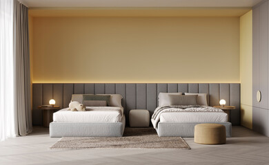 Cozy yellow children room interior with twin beds and modern decor