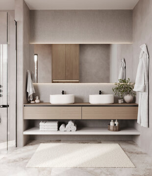 Minimalist bathroom interior with wooden furniture and big mirror