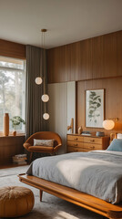 Obraz premium Mid century modern bedroom with earthy walls chic furnishings and a scenic view of trees outside the window for the calm and peaceful atmosphere Modern Interior design inspiration
