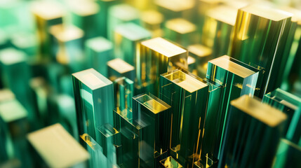 Abstract geometric patterns resembling graphs and bar charts, with shades of green and gold. Suitable for promoting financial growth, investment, or stability