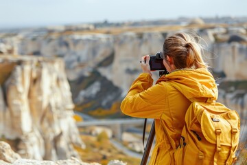 Female travel vlogger in yellow jacket setting up camera on tripod, capturing stunning canyon landscape. Windswept blonde hair, outdoor adventure, rocky cliffs, natural beauty, passion.