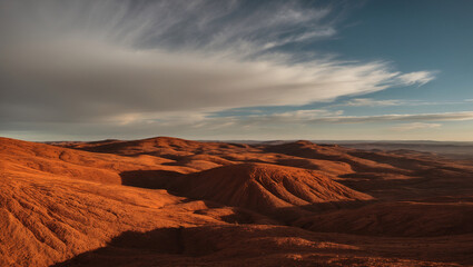 The landscape features a terracotta terrain with small hills and brown shades, surrounded by a blue sky and clouds.