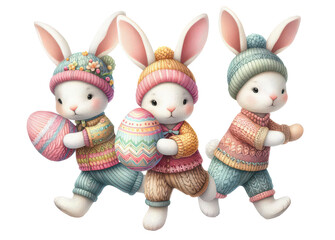 Obraz premium cute cartoon rabbit wear cool sunglasses and beautiful clothes, holding colorful eggs and carrot, idea of easter bunny holiday design