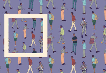 Men of different ages and professions. Human silhouette violet seamless pattern. Urban modern residents. People with dark skin. Retro texture, image of people silhouettes.