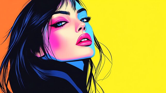 Portrait of a woman with colorful makeup and dark hair. Yellow and orange background. For beauty blog