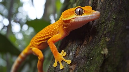 Obraz premium Orange gecko on tree trunk, rainforest background, wildlife photography, nature poster