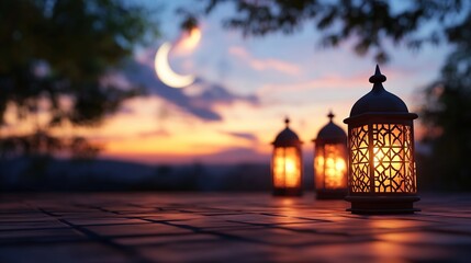 Evening scene with illuminated lanterns and crescent moon over hills