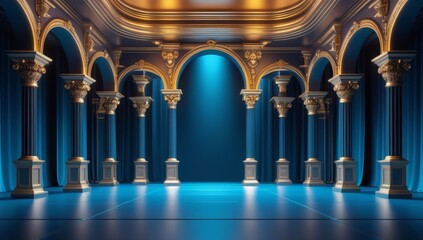 Cyan golden ceremony award stage venue background.