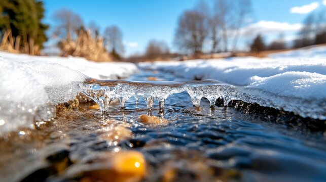 thawing pond with ice breaking up and water flowing underneath