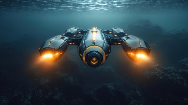Futuristic underwater drone exploring deep sea