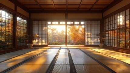 Autumn Sunlit Japanese Room Interior