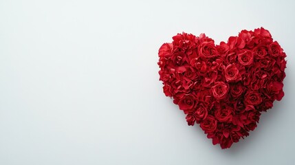 Red roses meticulously shaped into a heart, displayed on a smooth white background. Romantic and simple