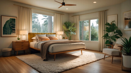 Fototapeta premium Modern mid century bedroom with warm earthy tones unique decor and a peaceful view of trees visible from the window Modern Interior design inspiration
