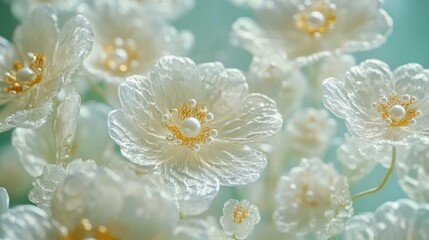 Delicate pearl-embellished white flowers, close-up view, soft background, ideal for wedding invitations