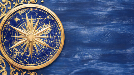 Ornate Golden Compass Rose with Constellation Star Map Design on a Textured Blue Background Decor