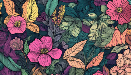Vibrant Hand-Drawn Botanical Pattern with Colorful Flowers and Lush Leaves