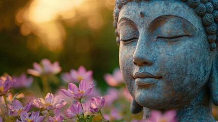 Obraz premium Tranquil Buddha Statue Surrounded by Beautiful Lotus Flowers