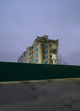 Damaged residential building after airstrikes in Borodyanke, Ukraine