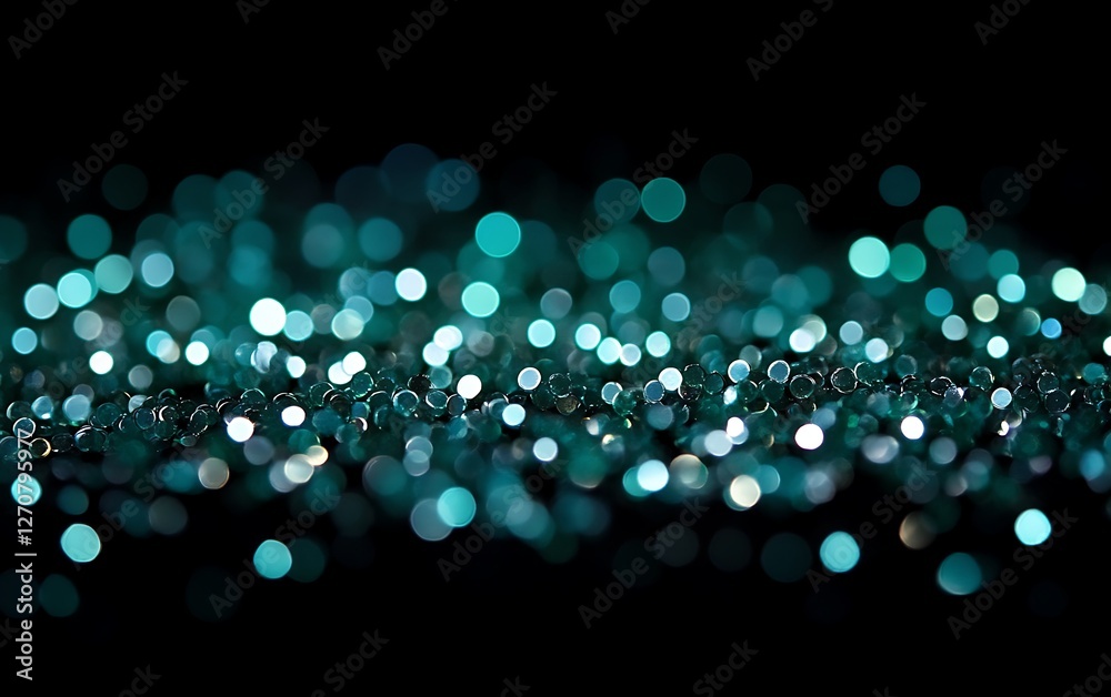 Poster sparkling teal beads adorn a dark surface, creating a magical, glittery texture for backdrops