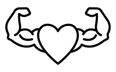 Heart with strong arms vector icon for fitness. Editable stroke.