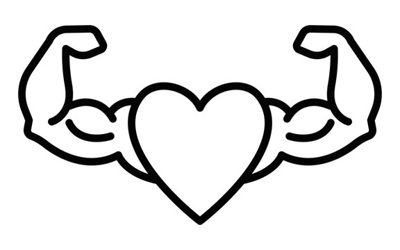 Heart with strong arms vector icon for fitness. Editable stroke.