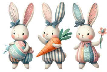Obraz premium cute cartoon rabbit wear cool sunglasses and beautiful clothes, holding colorful eggs and carrot, idea of easter bunny holiday design