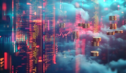 Obraz premium Golden Horizons: The Digital Symphony of Cryptocurrency Clouds