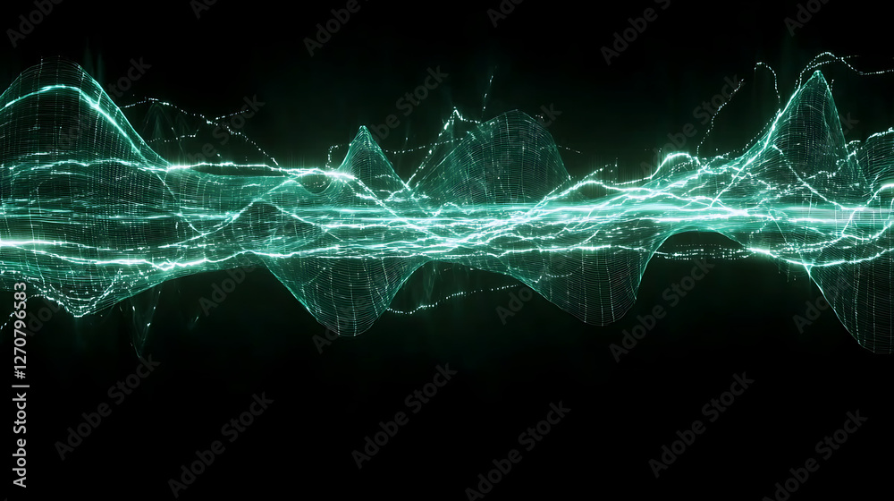 Poster oscillating turquoise waveform abstract data visualization with bright splintered fragments display