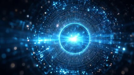 An image with an abstract background, which depicts a bright glowing blue circle in the center. Numerous lines and dots are visible around it, creating the effect of movement and depth.