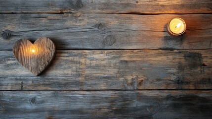 Romantic heart candle design glowing warmly on a rustic wooden table, perfect for a serene, intimate moment