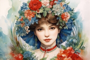 portrait of a woman in a wreath of flowers in the colors of the Russian flag., watercolor style, Generative AI