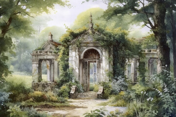 Obraz premium old medieval park in English style, watercolor,.Generative AI
