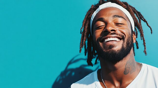 Athletes Embracing Self-Deprecating Humor with Bright Smiles Against Turquoise Background