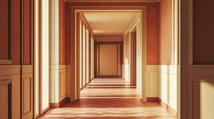 Sunlit hallway with elegant wainscoting and warm color palette.