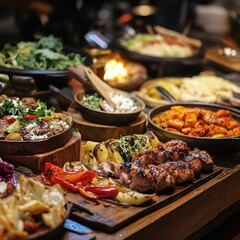 Obraz premium Delicious buffet feast; grilled meats, vegetables, and salads. Restaurant background, perfect for food blogs