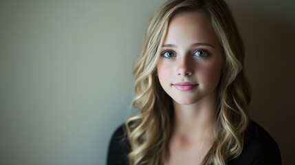 Fototapeta premium Teen girl portrait, wavy blonde hair, neutral background, studio lighting, website header