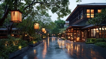 Obraz premium Rainy Night Street in Japan with Traditional Architecture and Lanterns