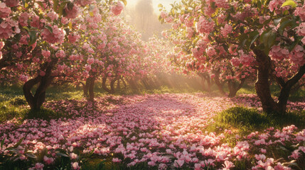 Naklejka premium Romantic spring garden with pink cherry blossoms sunlit pathway blooming trees floral scenic landscape peaceful nature beauty retreat