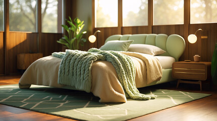 Obraz premium Cozy and serene mid century bedroom with warm earthy walls modern decoration tree filled view outside the window offering natural beauty Modern Interior design inspiration