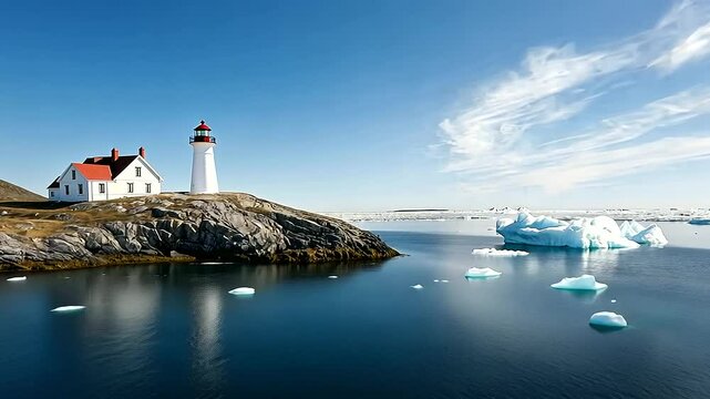 Lighthouse in Newfoundland with distant icebergs