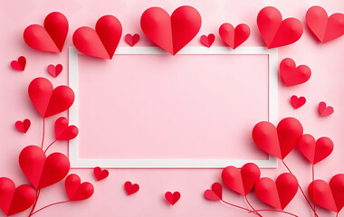 Elegant 3D red and pink paper hearts arranged in a beautiful composition, framing a white-bordered space for text. The background features a soft, geometric pattern in pastel pink and red tones 