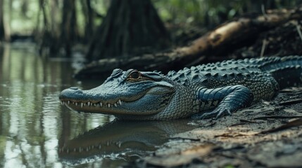 Obraz premium Alligator resting swamp bank, murky water, trees background; wildlife nature photography