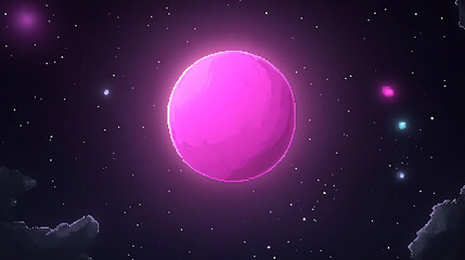 Obraz premium Pixelated Pink Planet Glow in Deep Dark Space Amidst Distant Stars and Digital Nebula Clouds Night