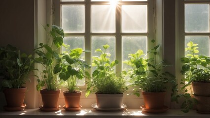 Fototapeta premium Fresh Green Plants on Windowsill Against a Sunny Day