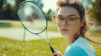 Myopia prevention with a woman wearing glasses playing badminton outdoors. Badminton racket, shuttlecock, grass