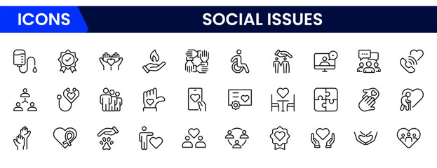 Social Issues Icon Set. Thought-provoking and impactful icons designed to raise awareness and promote engagement, perfect for enhancing campaigns, websites