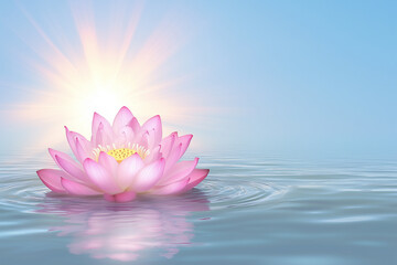 Blue water lily floating on tranquil waters, surrounded by soft background lights, serene nature