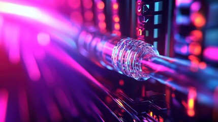 Futuristic server room; glowing data pipes; neon lights; technology background; website header