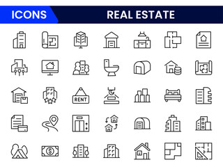 Real Estate minimal thin line web icon set. Included the icons as realty, property, mortgage, home loan and more. Outline icons collection. Simple vector