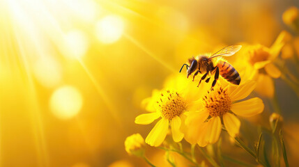 A bee on a yellow flower with sunlight